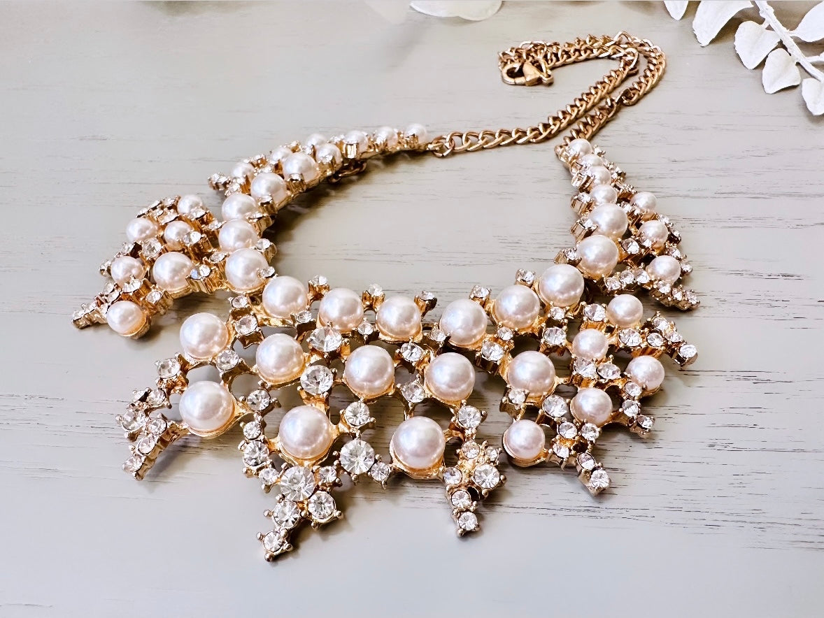 Blush Pearl and Diamond Rhinestone Vintage Necklace, Sparkling Elegant Statement Necklace, Articulated Cocktail Necklace NYE Holiday Party