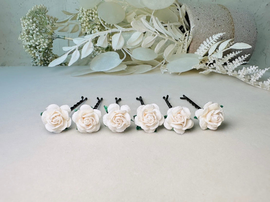 White Rose Bobby Pins, Mulberry Paper Hair Flower Set