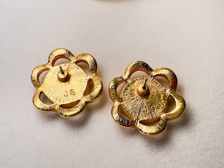 Gold Flower Earrings with Cream Enamel Center, Vintage Floral Post Earrings Signed JS