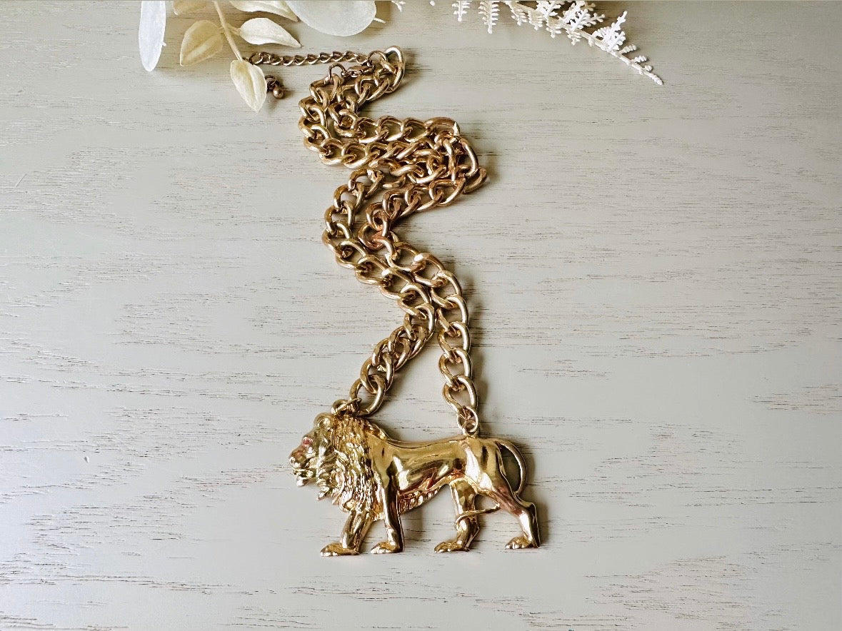 Vintage Gold Lion Necklace, Leo Zodiac Necklace, Big Bold Gold Lion Pendant Necklace, Eye Catching Runway Statement Necklace