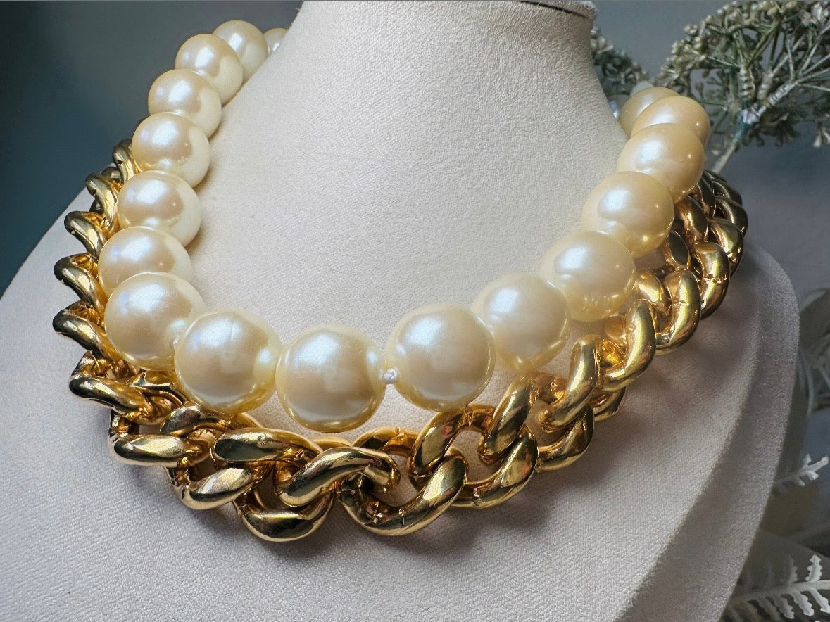 Vintage Carolee Necklace, Double Strand Pearl and Gold Chain Necklace with Intricate Scroll Detail and Hook Closure, Etruscan Pearl Necklace