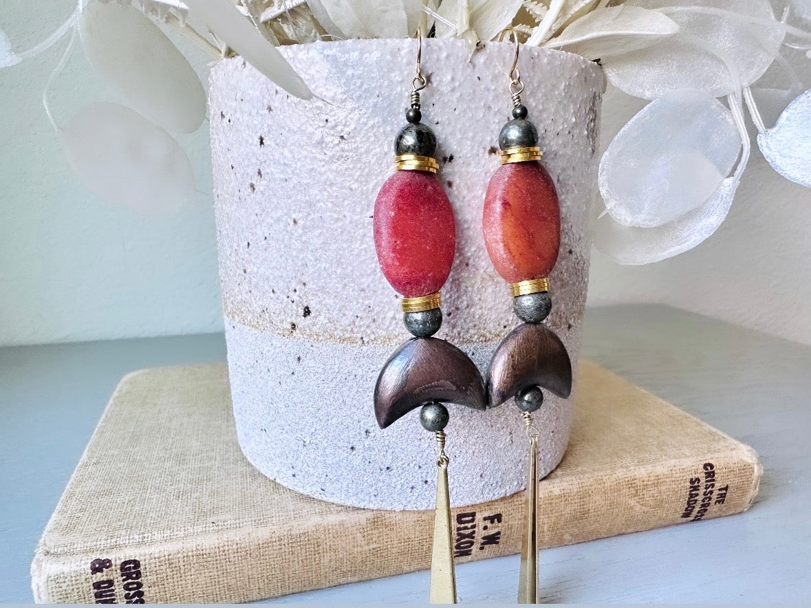 Handmade Stone Earrings, Extra Long Earthy Boho Duster Earrings, Unique Red Stone & Pyrite Orbs with Moon and Brass Dagger Charms