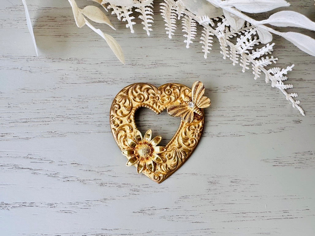 Vintage Heart Brooch, Romantic Regency Era Embossed Gold Heart Pin with Intricate Scrollwork, Raised Sunflower and Rhinestone Butterfly