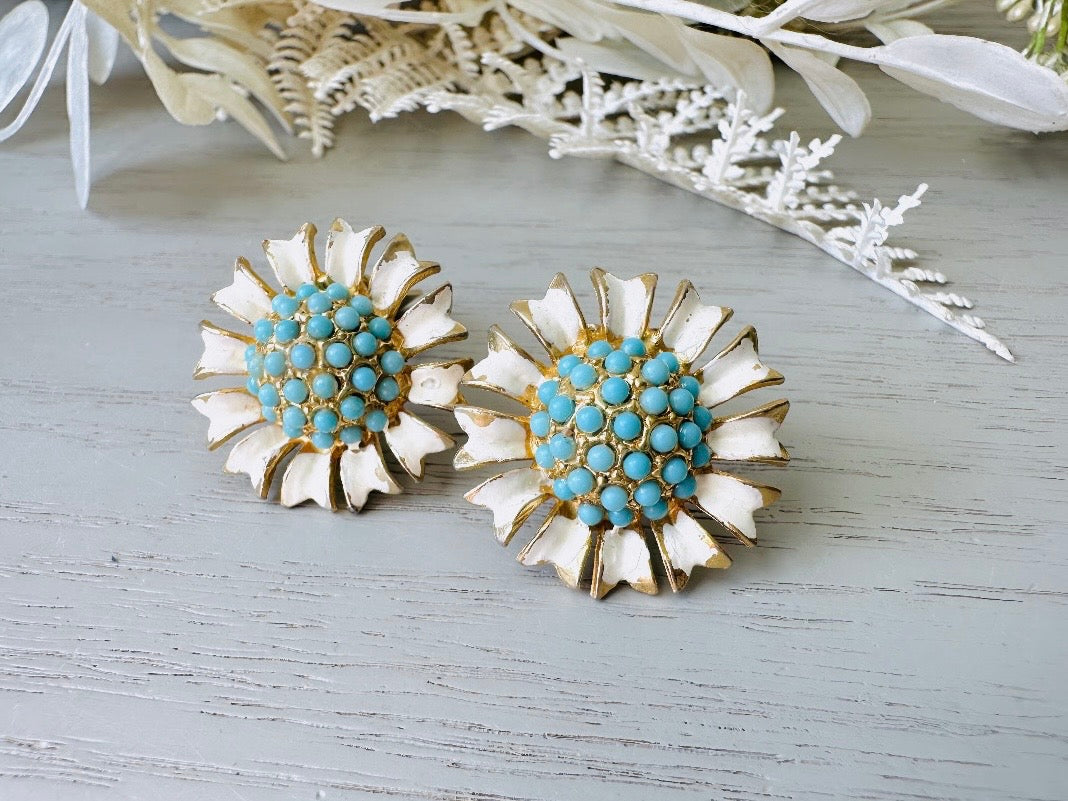 Vintage WEISS Earrings, Gold Tone Cream Enamel Flower Earrings with Tiffany Blue Beaded Centers, Designer Vintage Floral Clip On Earrings