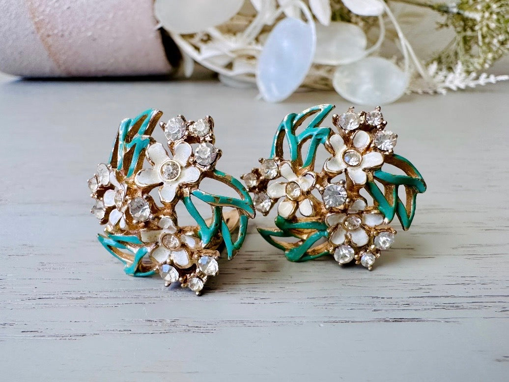 Vintage Enamel Flower Earrings, 1940s Charel Gold Floral Earrings w Green & Cream Painted  Flower Clusters, Clip On Designer Signed Earrings