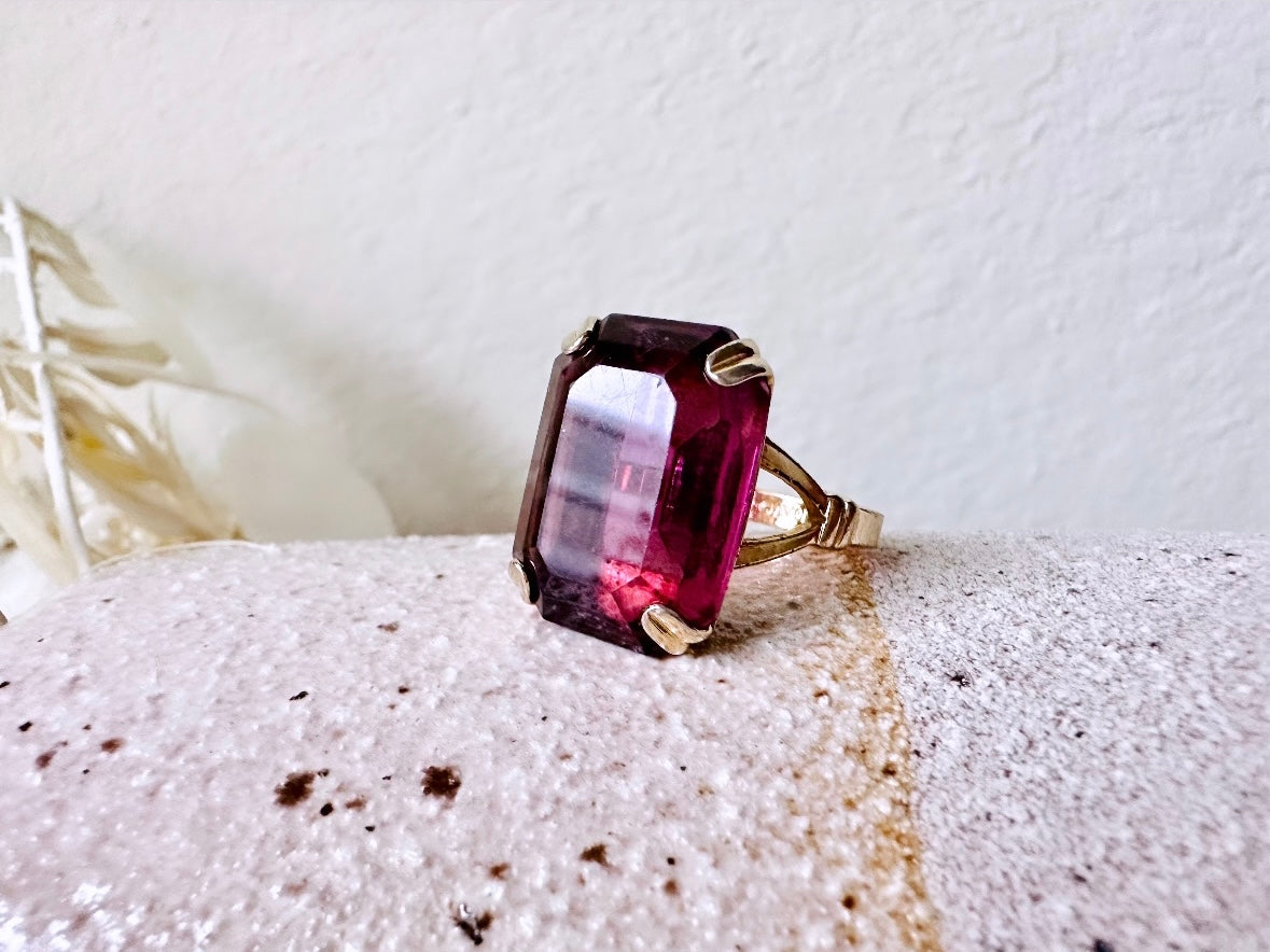 Vintage 70s Ring, Large Solitaire Simulated Amethyst Rectangle Emerald Cut 1978 Smoky Lustre February Birthstone Cocktail Ring, Chunky Costume Jewelry