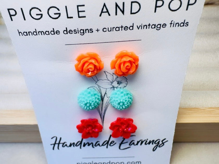 Flower Earring Stud Set in Orange, Teal and Red, Handmade Colorful Hypoallergenic Surgical Steel Post Earrings