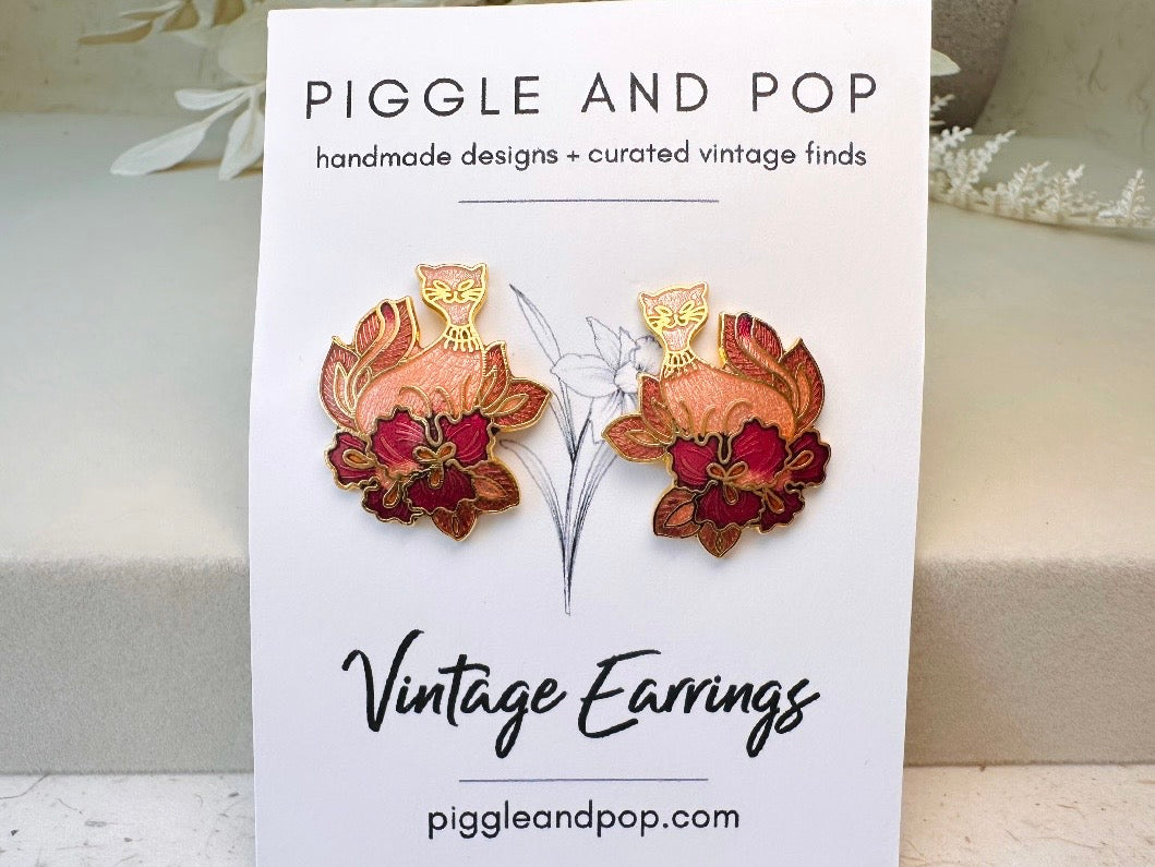 Siamese Cat Earrings, Gorgeous Floral Peach Pink and Gold Cloisonné Vintage Earrings of Cats in Flowers, Whimsical Pierced 1980s Earrings