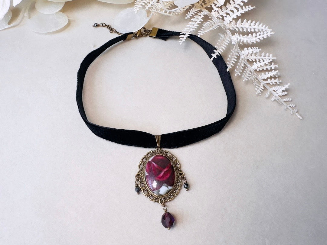 Victorian Choker with Burgundy Rose Vintage Cameo and Black Velvet Ribbon, Handmade Gothic Choker with Flower Pendant and Crystals