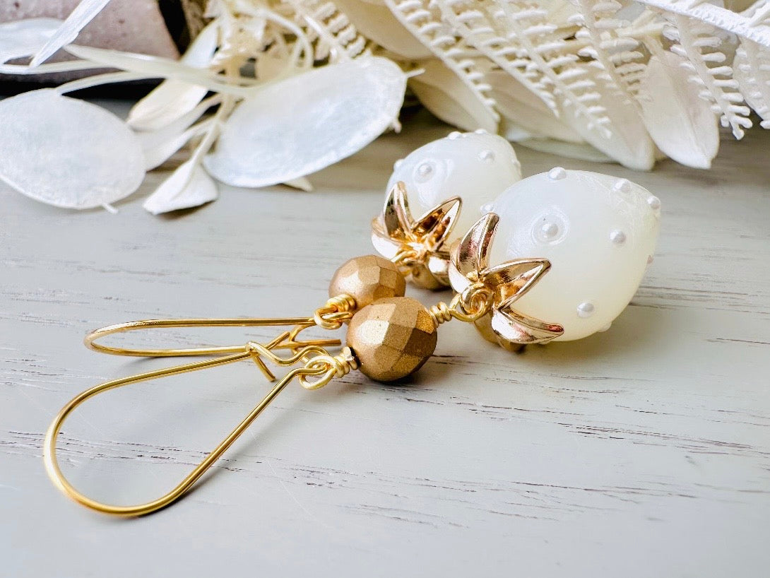 White Strawberry Earrings, Original Handmade 24k Gold + Glass Earrings, Large Pearl Strawberry Dangle Earrings, Unique Handmade Earrings