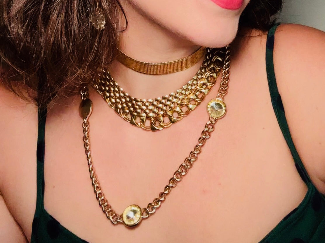 Gold Vintage Lariat Chain Necklace with Triple Stone Swarovski Rivoli Crystals, Layered Look Bold 80s Mogul Style