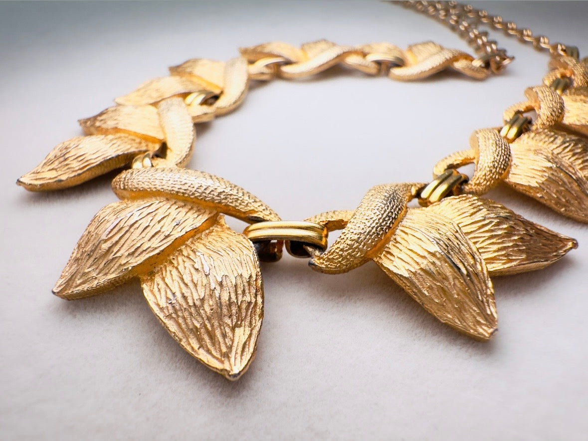 Gold Leaf Necklace, 1960s Vintage Golden Leaves Choker by Tara 5th Ave, Nature Inspired Textured Floral Choker with Adjustable Closure