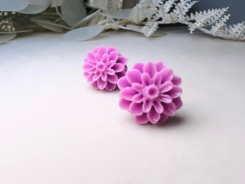 Purple Flower Earrings, Handmade Big Dahlia Resin Flower Stud Earrings