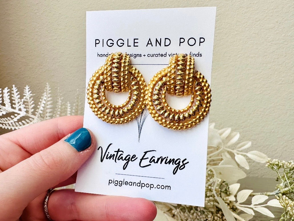 Gold Door Knocker Earrings, Glam 80s Vintage Textured Gold Hoop Clip On Earrings, 1980s Retro Fashion Earrings, Chunky Statement Earrings from Piggle and Pop