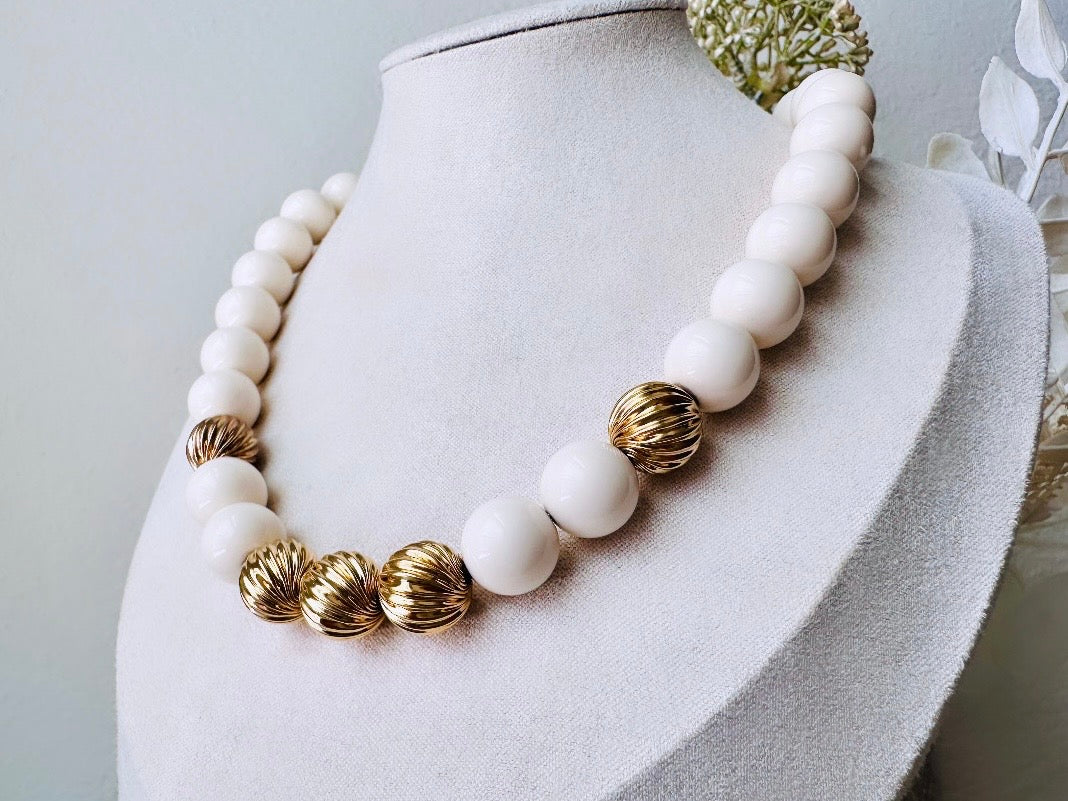 Vintage Monet Choker, Bisque White Round Beaded Necklace with Textured Gold Accent Beads, Classic Cream & Gold Signed Vintage Bead Necklace