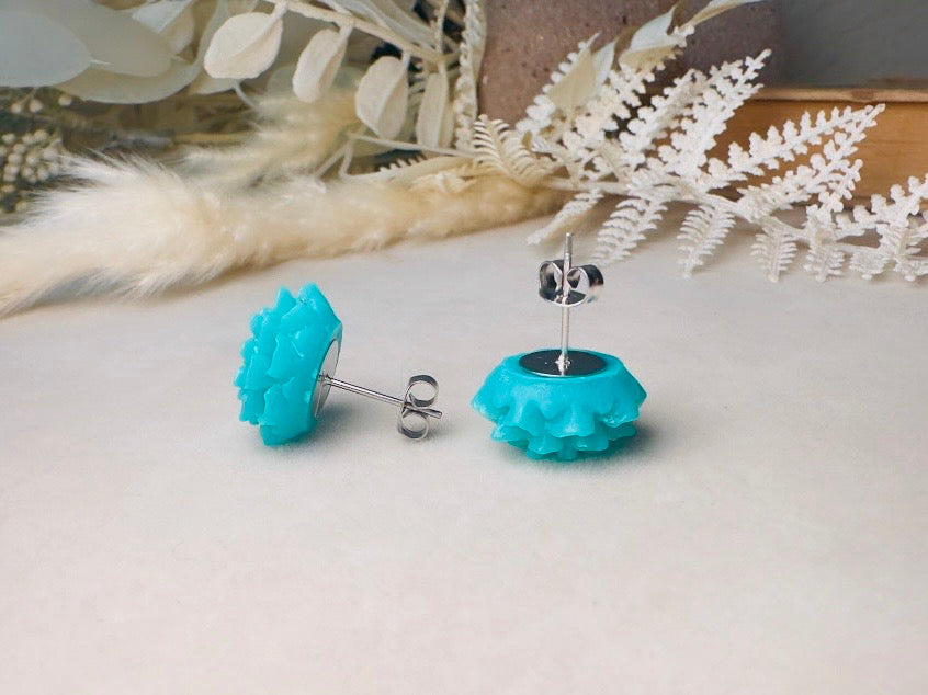 Turquoise Flower Earrings, Teal Chrysanthemum Post Earrings