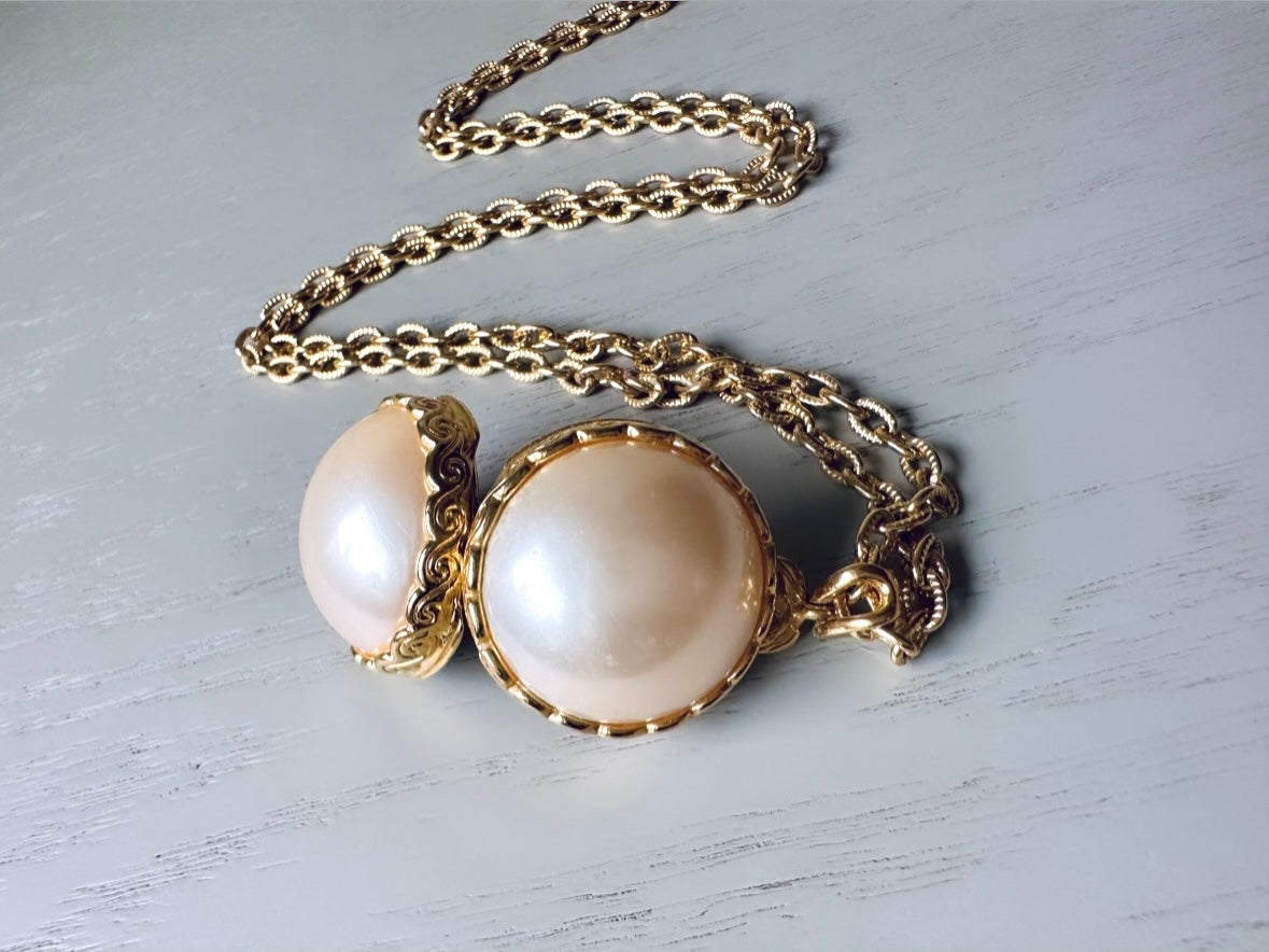 Pearl Locket Necklace, LCI Gold Locket Ball Rare Pearl Sphere Pendant Necklace, Long Chain Vintage Liz Claiborne Faux Pearl Locket Pendant