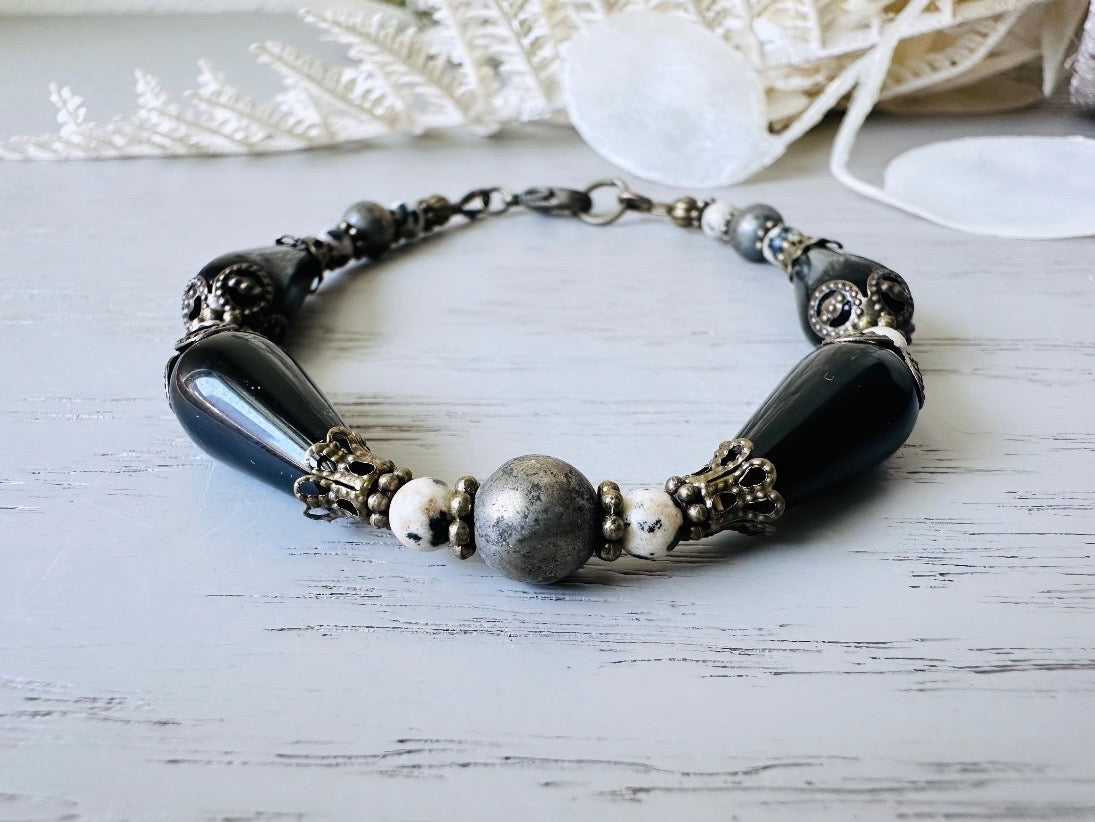 Black Gemstone Bracelet, Handmade Dalmatian Jasper, Czech Glass + Natural Pyrite Stone Bracelet, Unique Beaded Bracelet with Bronze Accents