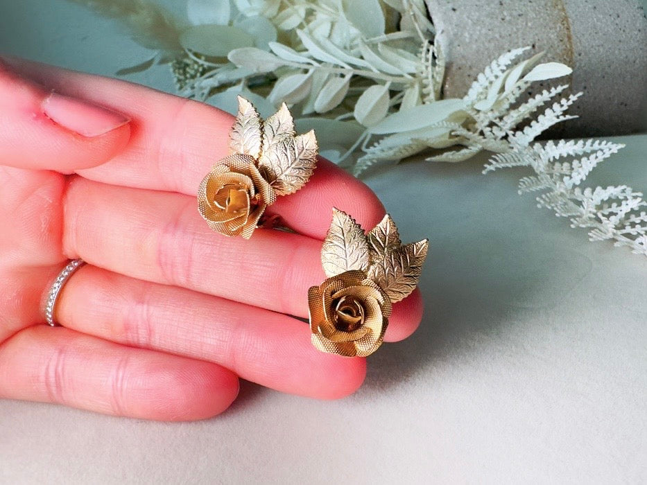 Gold Rose Earrings, Vintage 1960s Clip On Earrings, Sculptutal Gold Leaf Bridal Mesh Rose MCM 60's Clip Earrings, Designer Signed Judy Lee