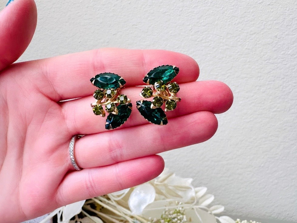 Emerald and Olive Vintage Rhinestone Earrings, Vintage 1960's Emerald Crystal Clip On Earrings, Unique Shape Marquis Navette Glam Jewelry