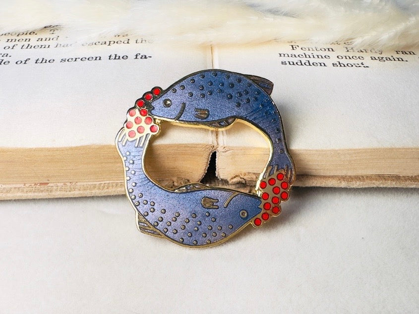 Vintage Pisces Brooch, Periwinkle and Red Signed Carolee Enamel Pin