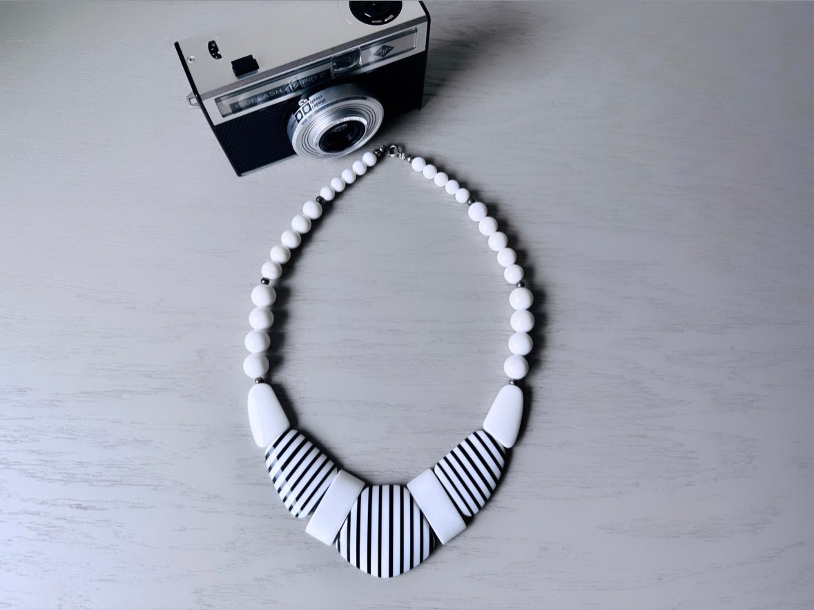 Black and White Vintage Necklace, Vintage Acrylic Necklace, Vintage Nautical Sailor 1960s Retro Mod Necklace, Unique Chunky Striped Necklace