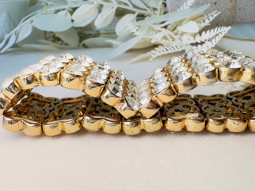 Vintage Rhinestone Stretch Bracelet, Sparkling Wide Band 4 Four Layer Cuff