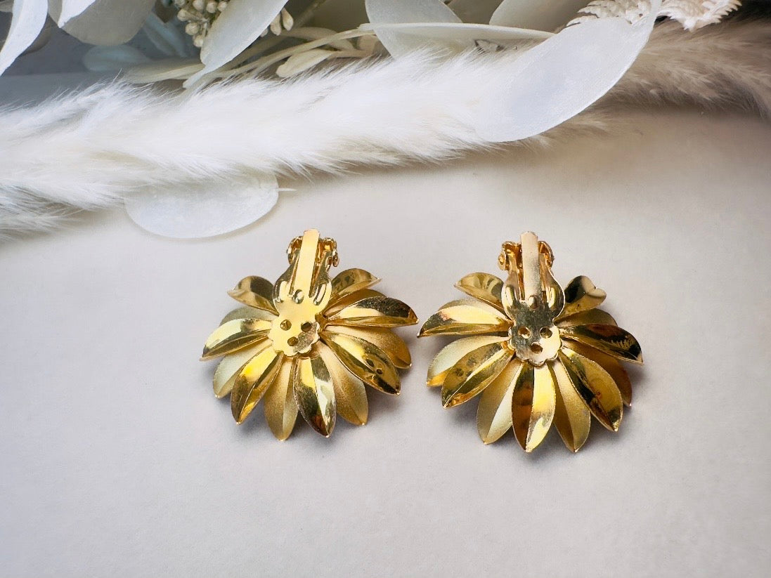 Gold Flower Earrings, Retro 60s Vintage Clip On Earrings with Rhinestones