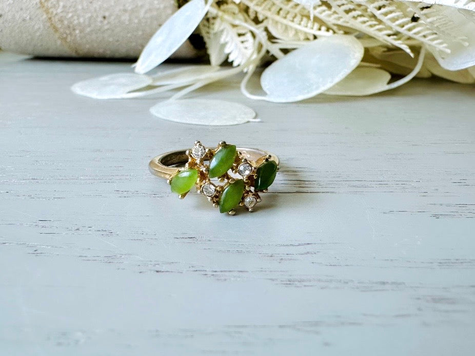 Green Vintage Cocktail Ring, 1960's Costume Fashion Ring, Gold Toned Diamond Rhinestone & Natural Green Jade Hollywood Regency Ring