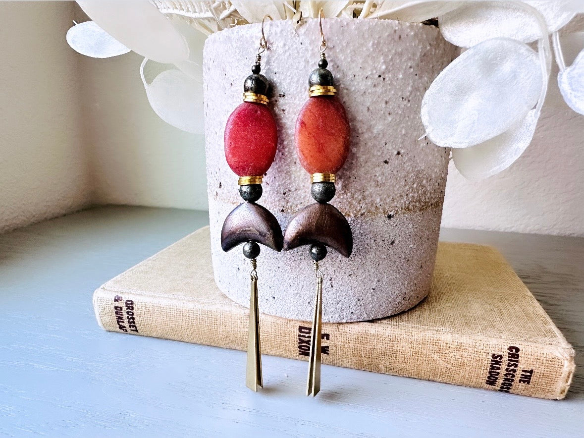 Handmade Stone Earrings, Extra Long Earthy Boho Duster Earrings, Unique Red Stone & Pyrite Orbs with Moon and Brass Dagger Charms