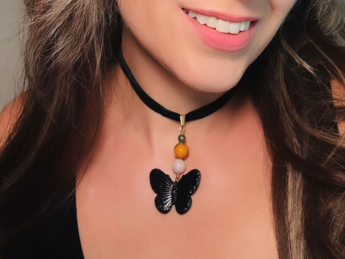 Gemstone Butterfly Choker, Whimsical Handmade Black Velvet Choker Necklace, Whimsigoth Rose Quartz Yellow Jade & Pyrite Orbs Black Butterfly