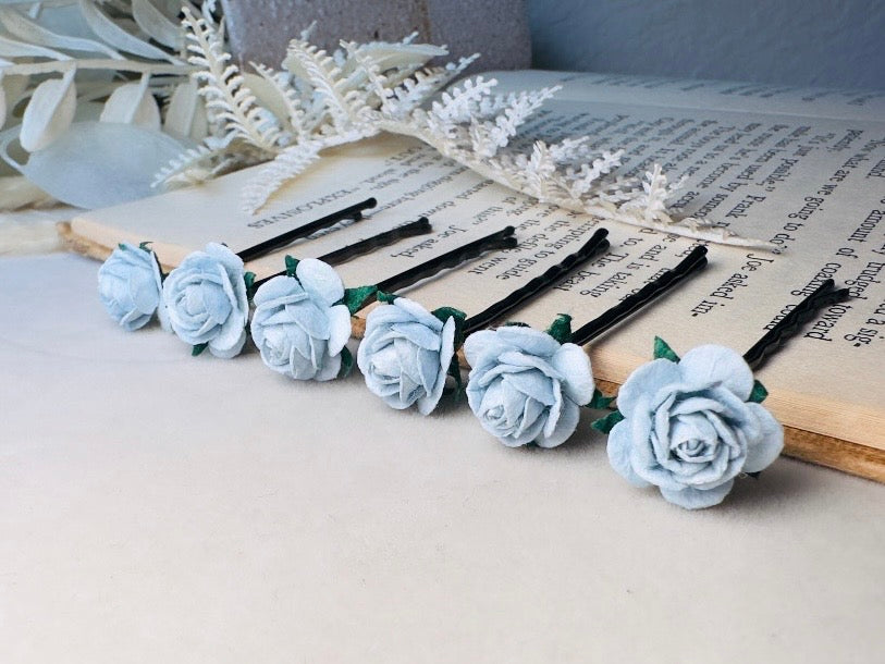 Ice Blue Flower Hair Pins, Handmade Mulberry Paper Rose Bridal Bobby Pins