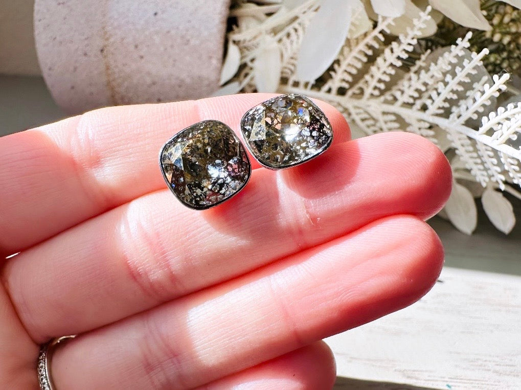 Swarovski Crystal Earrings, Cushion Cut Faceted Earrings, Sparkling Patina Holiday Party Cocktail Stud Earrings, Rare Square Rhinestone Stud