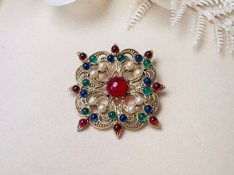 Vintage Maltese Cross Brooch Pin, Ornate Byzantine Jewel Tone Glass Cabochons, Faux Pearls & Intricate Gold Tone Openwork Filigree