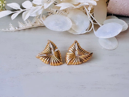 Gold Triangle Earrings, Vintage 1980's Stud Earrings with Cut Outs, Geometric Metal Earrings, Vintage Funky Large Pierced Post Gold Earrings