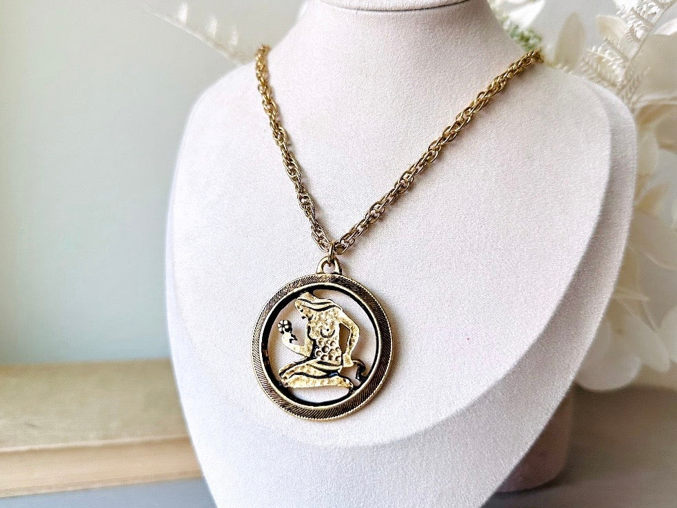 Vintage Virgo Zodiac Necklace, Star Sign Astrology Necklace, Unique Birthday Necklace, Long Gold Pendant Necklace Vintage Astrology Chain