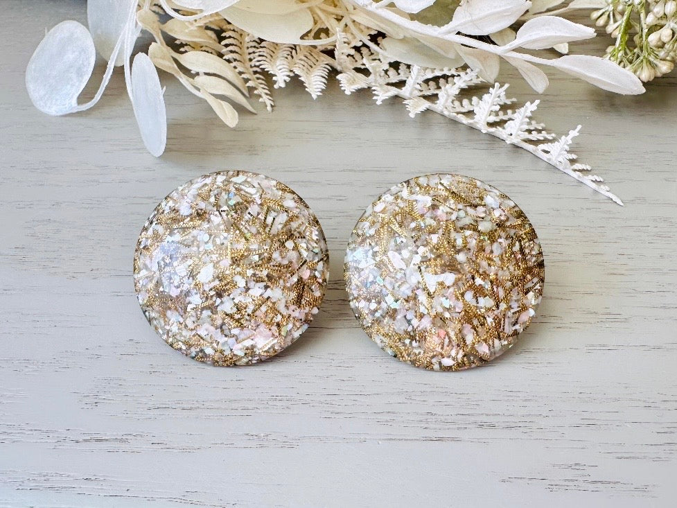 Gold Confetti Earrings, Vintage Lucite Clip On Earrings