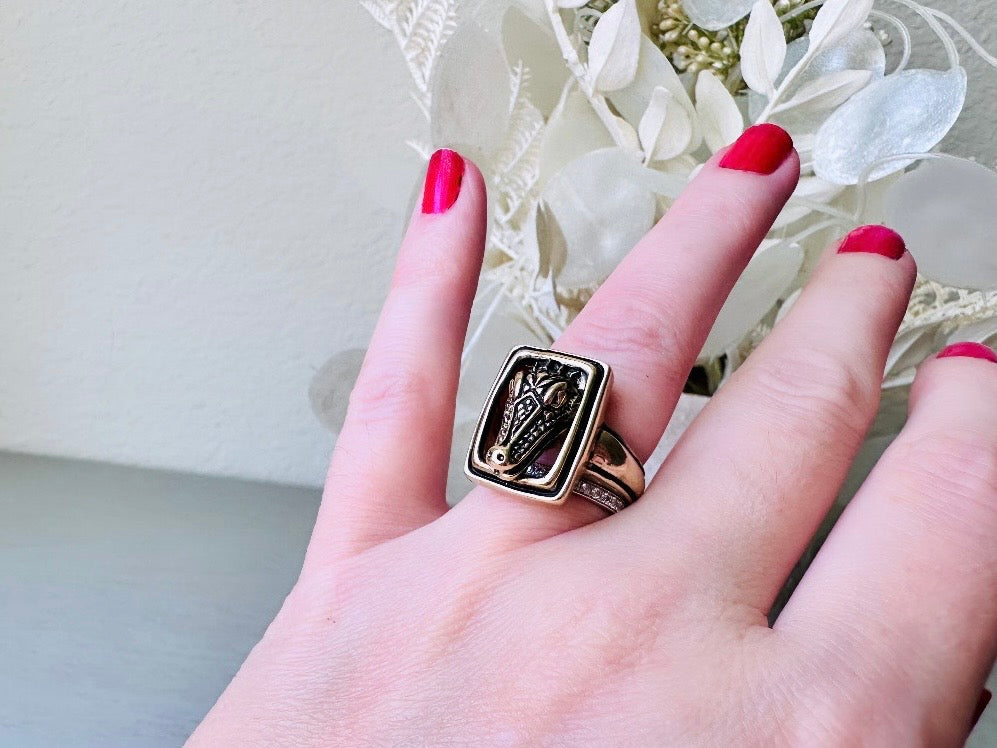 Vintage Alligator Ring, Large 14kt Gold Plated Ring, Rectangle Frame Dimensional Alligator Head Cocktail Ring, Fiercely Fab Costume Jewelry