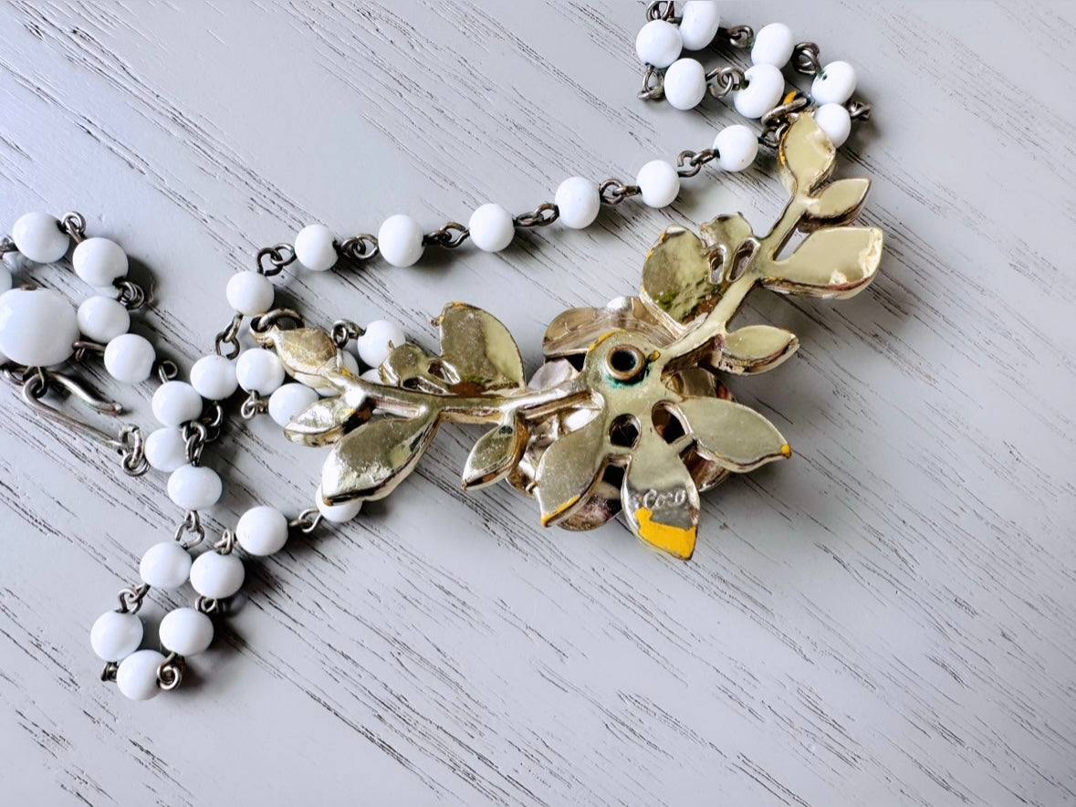 1950s White Flower Vintage Coro Necklace, Cream Enamel White Beads Gold Tone Floral Necklace 15" Flower Choker, Whimsical Bridal Necklace