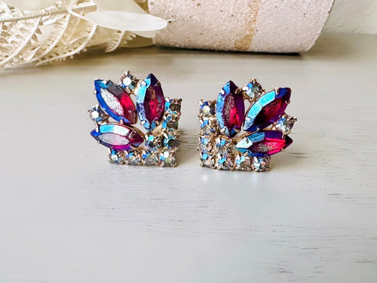 1960's Red Marquise Earrings with Blue Aurora Borealis Finish, Exquisite Vintage Rhinestone Earrings, Art Deco Gold Tone Clip On Earrings