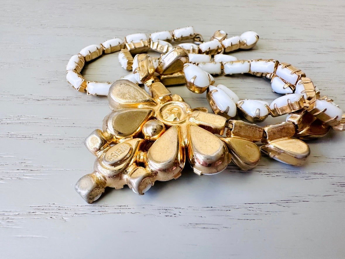 Vintage WEISS Necklace, White Milk Glass Necklace, Gold 15" Flower Choker with Prong Set Vintage Milk Glass, Romantic Choker Necklace