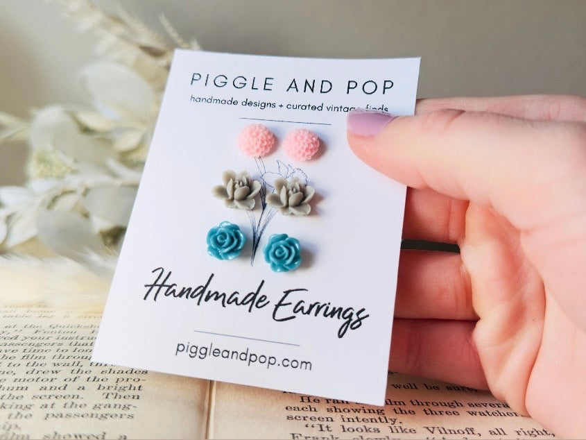 Flower Post Earrings Set in Pink Grey and Teal, Hypoallergenic for Sensitive Ears