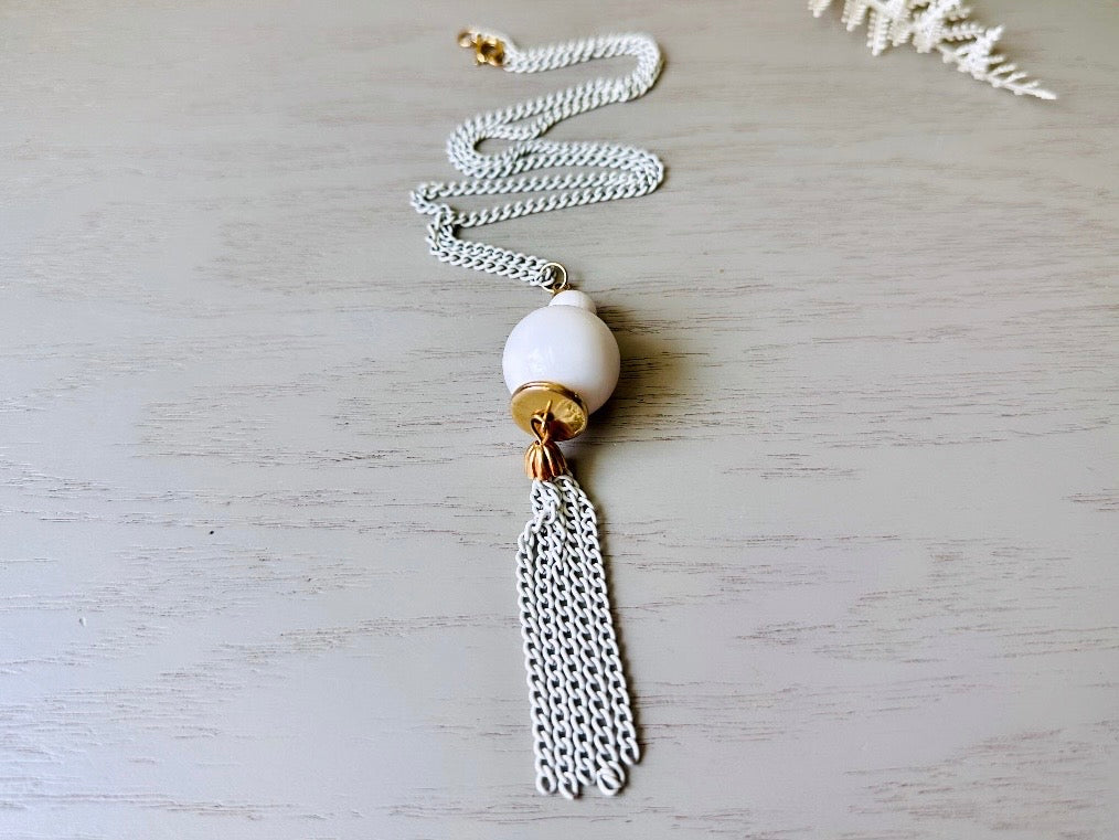 Vintage White Tassel Necklace, 1970s Vintage Matte White Enameled Gold Chain Necklace with Sphere Pendant with Tassels, Great For Layering