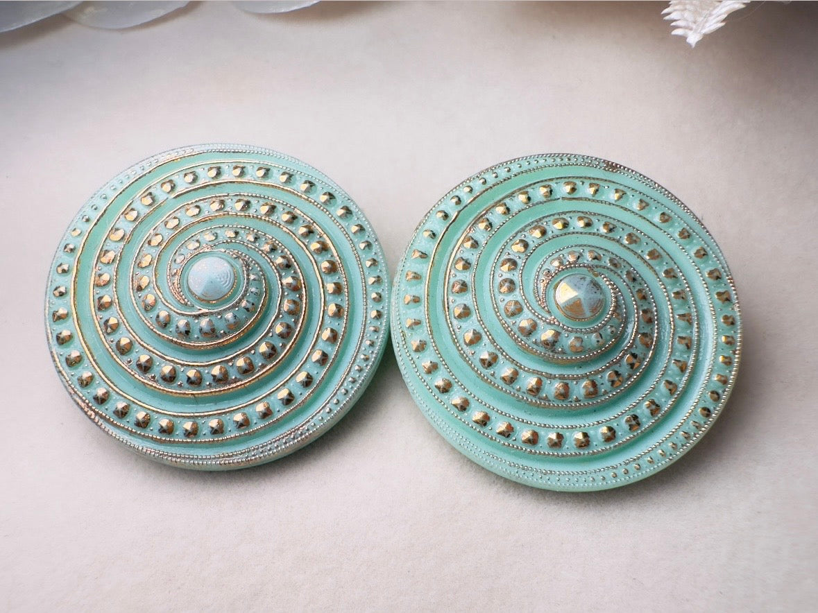 Vintage Mint Glass Earrings, Incredibly Unique Gold Spiral Disc Clip Ons, Seafoam Green Oversized Art Deco Vintage Statement Earrings