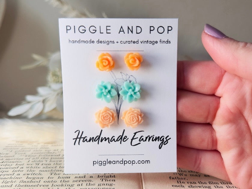 Flower Stud Earrings Set, Mint and Peach Post Earring Gift Set, Hypoallergenic Handmade Small Stud Earring