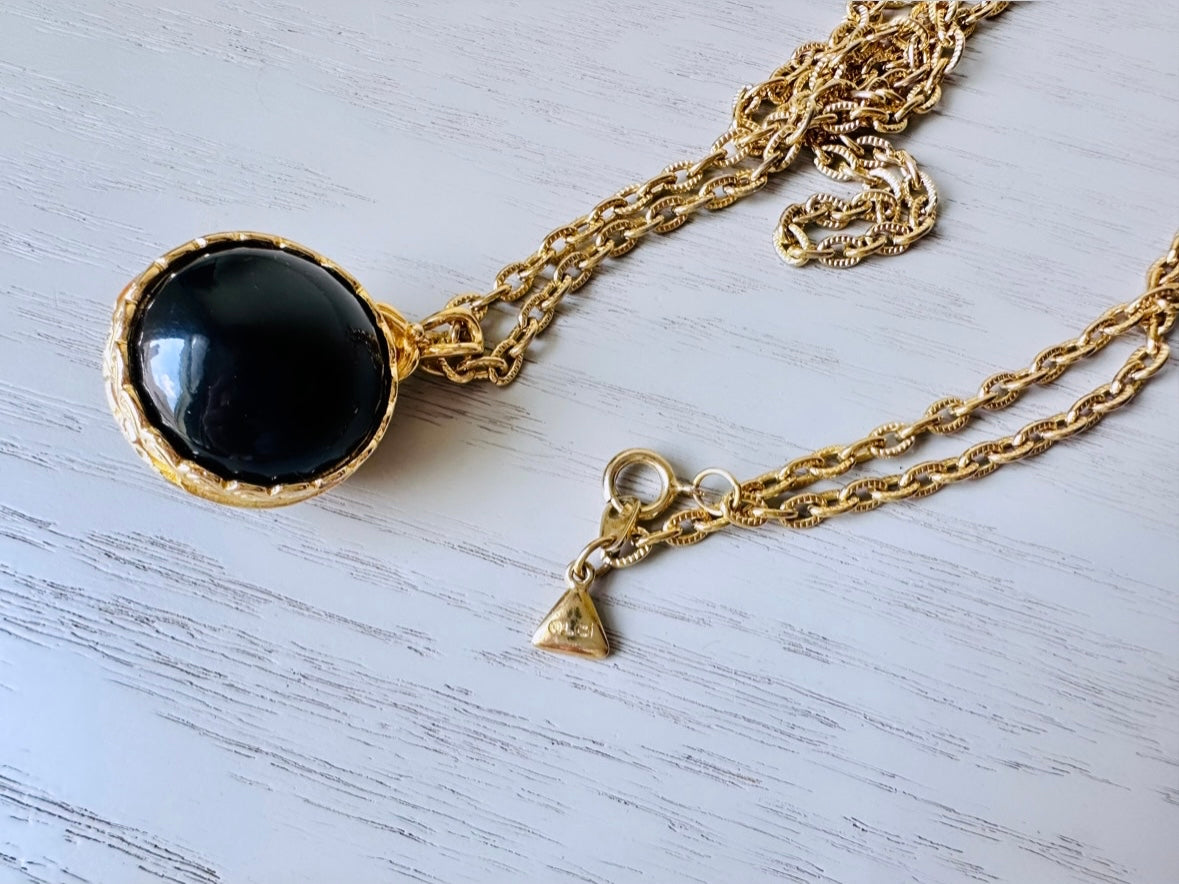 Black Locket Necklace, LCI Gold Locket Ball Rare Jet Black Sphere Pendant Necklace, Long Chain Vintage Liz Claiborne Faux Onyx Locket Pendant