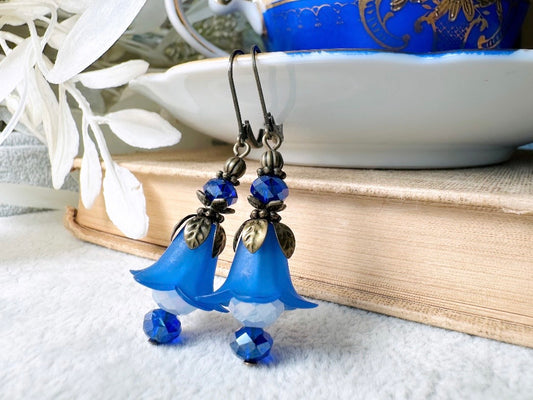 Blue Flower Earrings, Handmade Cobalt Lily Victorian Earrings