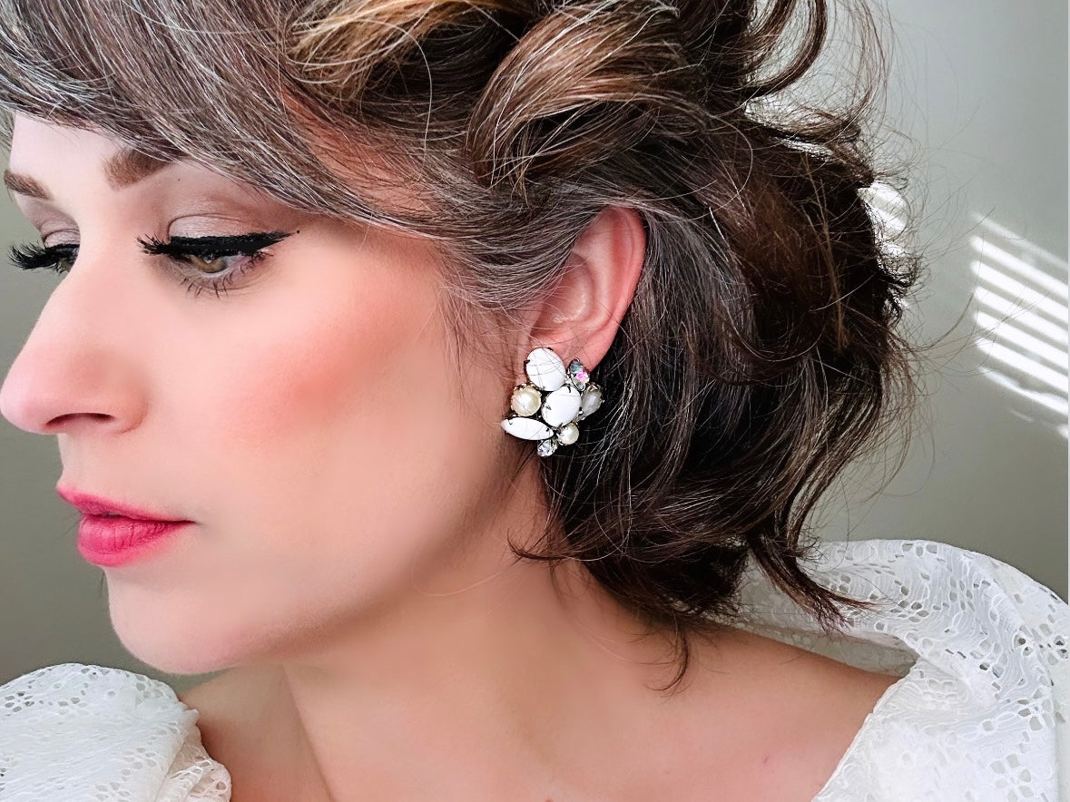 Milk Glass Pearl and Rhinestone 1960s Vintage Earrings, Dramatic White & Silver Bridal Clip-on Earrings, Big 60s Kramer Statement Earrings