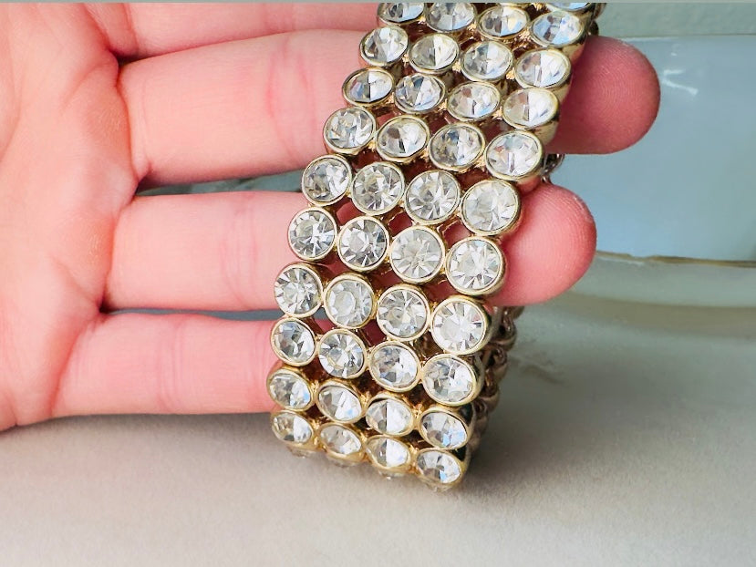 Vintage Rhinestone Stretch Bracelet, Sparkling Wide Band 4 Four Layer Cuff