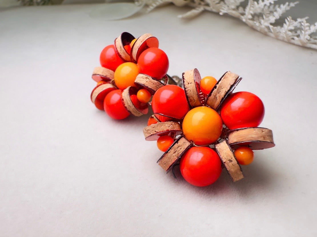 Vintage Japanese Earrings, Colorful 60s Earrings in Red + Orange with Wood and Sequins, Beaded Clip On Earrings